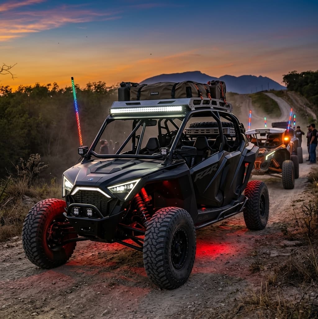 UTV RZR equipado con luces LED, rollbar y parrilla de carga Barracuda