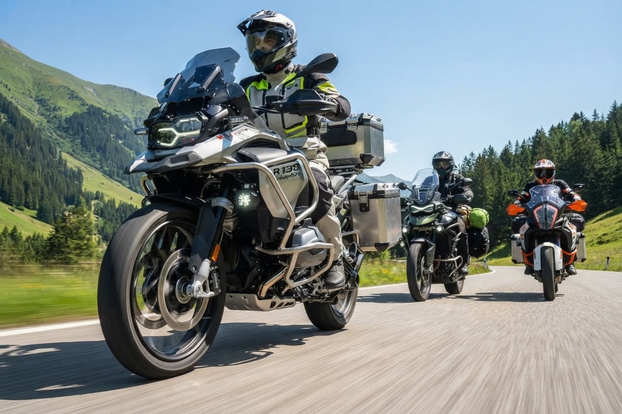 Motocicletas doble propósito equipadas con defensas y maletas laterales